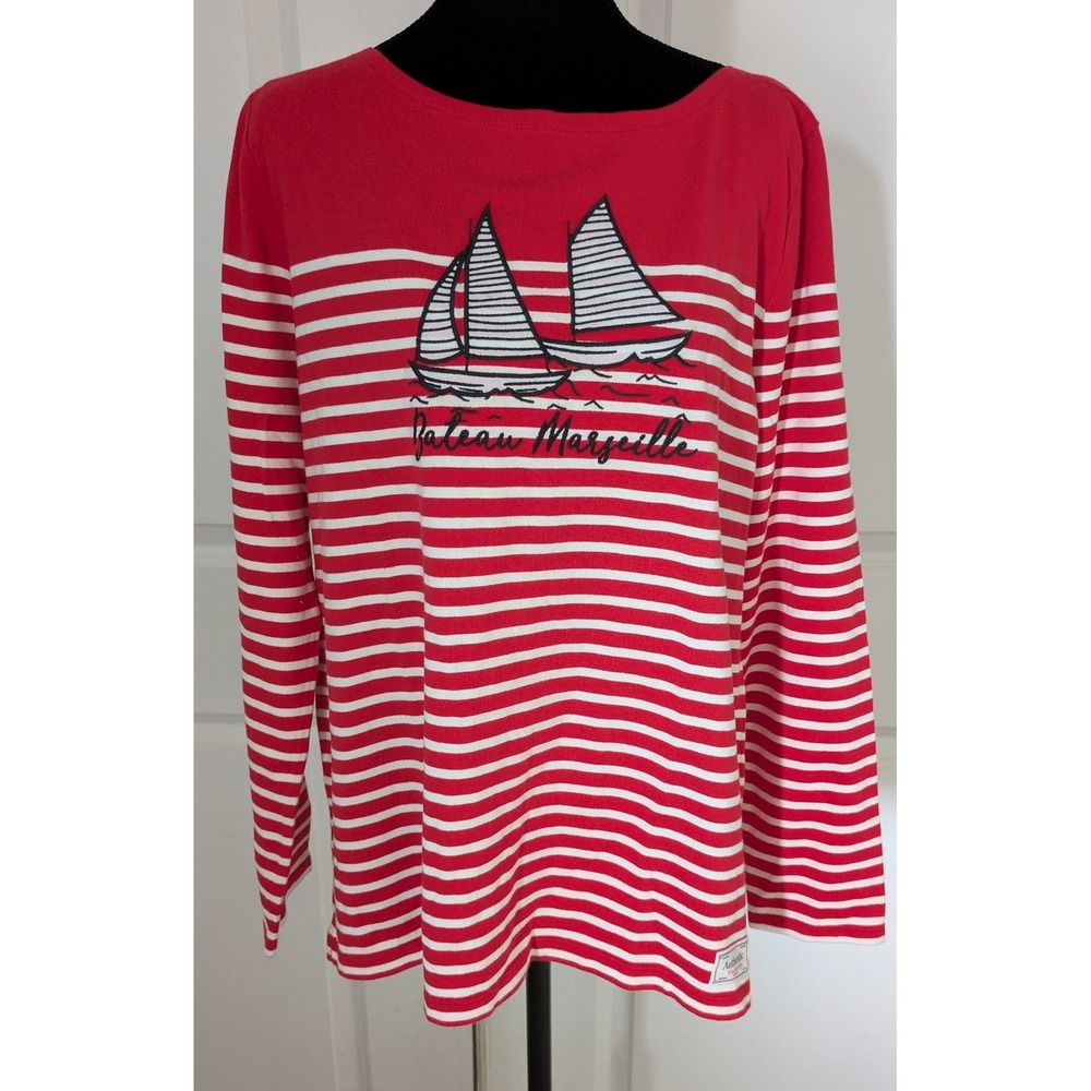 Talbots Women's Red White Striped Bateau Marseille Sailboat Cotton Top L